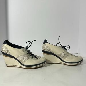 Cole Haan Canvas and Leather Lace-up Wedge Shoes Off-white & Blue | Women Size 6